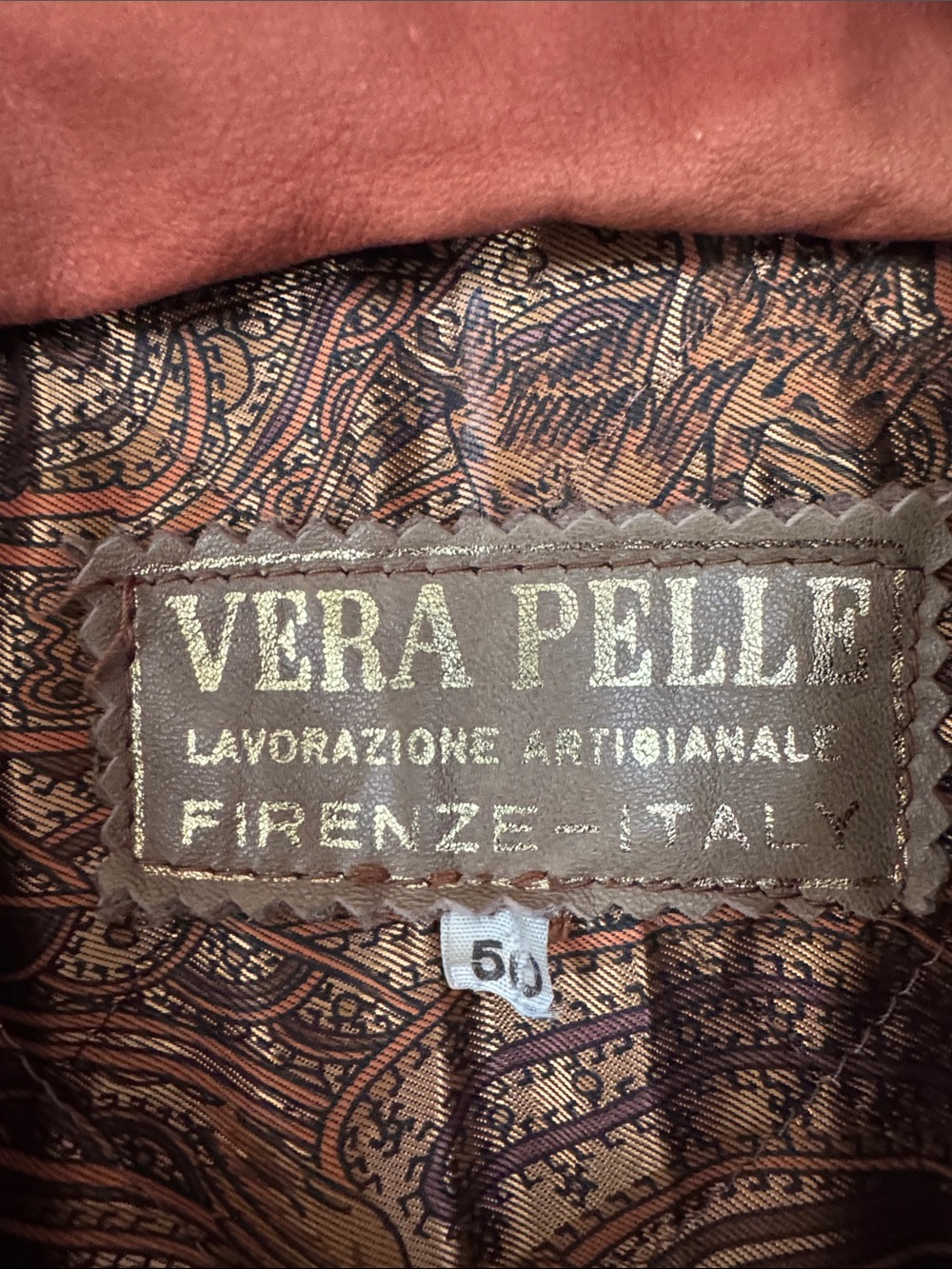 Vera Pelle Men’s Italian Suede Cognac Color Coat with Dark Green Collar. Size 50 - Picture 2 of 11